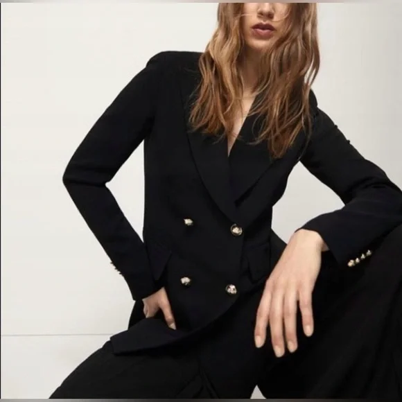 Massimo Dutti Womens Blazer Size 4 Black Double Breasted Career Office Jacket - Picture 4 of 12